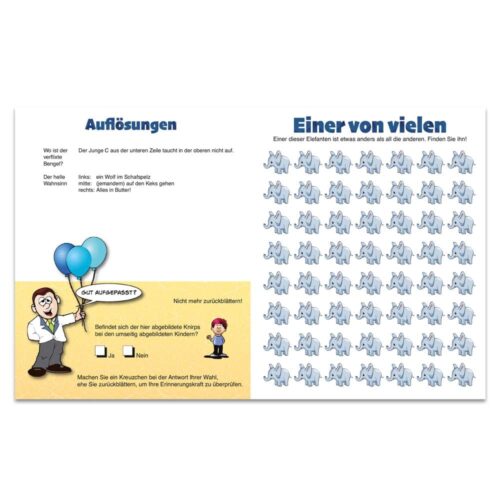 Puzzlespiel mit mehreren Elefantenillustrationen und einer Person, die blaue Luftballons hält, auf der linken Seite.