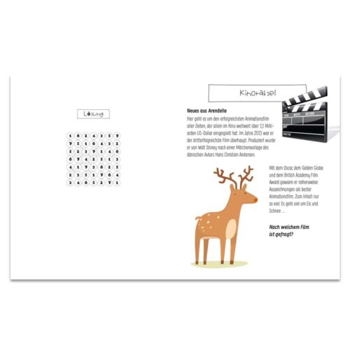 Seite mit Rentier, Worträtsel und deutschem Text zu einem Zeichentrickfilm und Auszeichnungen. Filmklappen-Illustration inklusive.