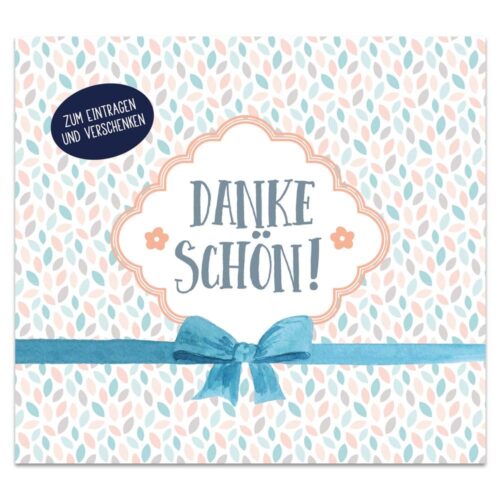 Karte mit dem Text „Danke schön!“, Blumenmuster, blauer Schleife und einem kleinen runden Etikett in der oberen linken Ecke.