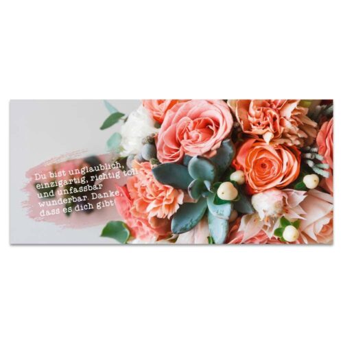 Strauß rosa Rosen und Grünpflanzen neben einer deutschen Botschaft auf weißem Hintergrund.