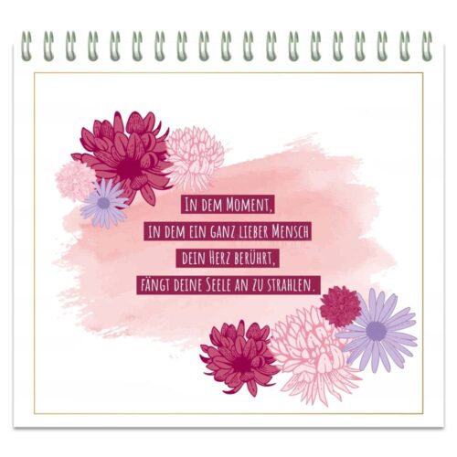 Künstlerischer Blumenkalender mit deutschem Text über herzliche Momente. Rosa und lila Blumen auf einem Aquarellhintergrund.