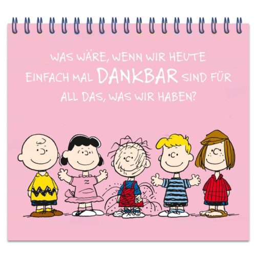 Die Peanuts-Figuren stehen gemeinsam unter einem deutschen Dankbarkeitszitat auf rosa Hintergrund.
