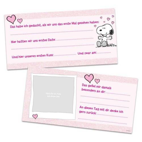 Zwei Karten mit Snoopy, Herzen und Lückentexten zu ersten Erinnerungen und besonderen Momenten.