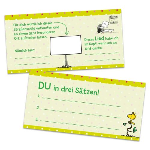 Zwei illustrierte Karten mit deutschem Text und Comicfiguren, mit Platz zum Eintragen persönlicher Angaben und Gedanken.