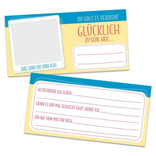 Zwei bunte Karten mit Platz zum Schreiben und Platzieren von Fotos, mit deutschem Text zum Thema Glück und Definitionen.
