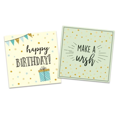 Zwei Geburtstagskarten: eine mit „Happy Birthday“ und Geschenkdesign, die andere mit „Make a Wish“ und Sternenmuster.