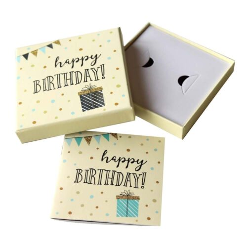 Offene gelbe Geburtstagsgeschenkbox mit Tupfen, dem Text „Happy Birthday“ und einer Geschenkillustration auf dem Deckel.