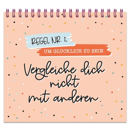 Pfirsichfarbener Hintergrund mit bunten Punkten, Text auf Deutsch: „Vergleiche dich nicht mit anderen.“