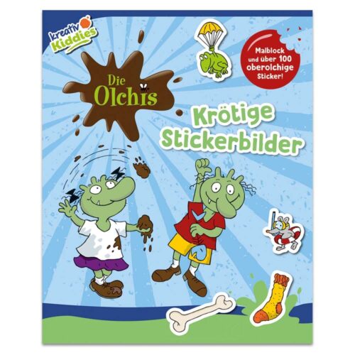 Farbenfroher Kinderbucheinband mit Comicfiguren und Stickern. Text: „Die Olchis Krötige Stickerbilder.