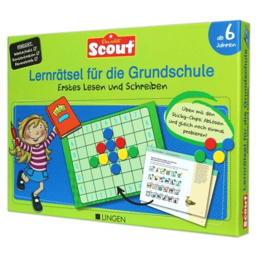 Farbenfrohe, pädagogische Brettspielbox für Kleinkinder mit Lese- und Schreibrätseln. Für Kinder ab 6 Jahren.