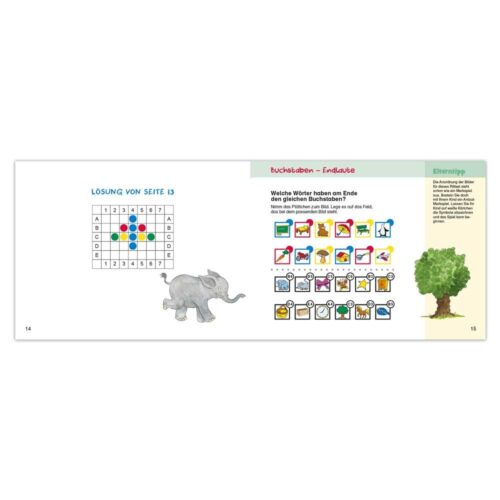 Kinderbuchseiten mit einem Puzzle, farbigen Symbolen, einer Elefantenillustration und einem Baum mit Text.