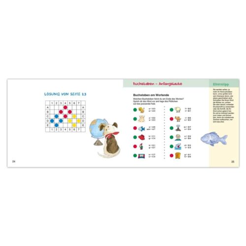 Kinder-Lernseite mit Tieren, Rätsellösung, bunten Illustrationen und deutschem Text.