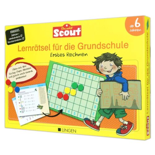 Gelbe Schachtel eines Mathe-Lernspiels für Kinder ab 6 Jahren, auf der ein Brett und ein Zeichentrickkind abgebildet sind. Auf Deutsch.