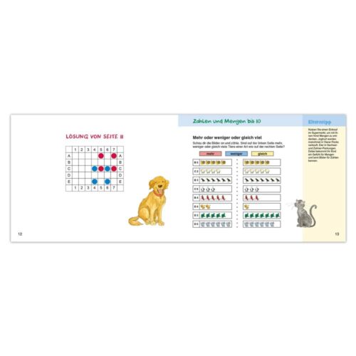 Kinderbuchseite mit Matheübungen, einem Gitter, einem gelben Hund und einer grauen Katzenillustration.