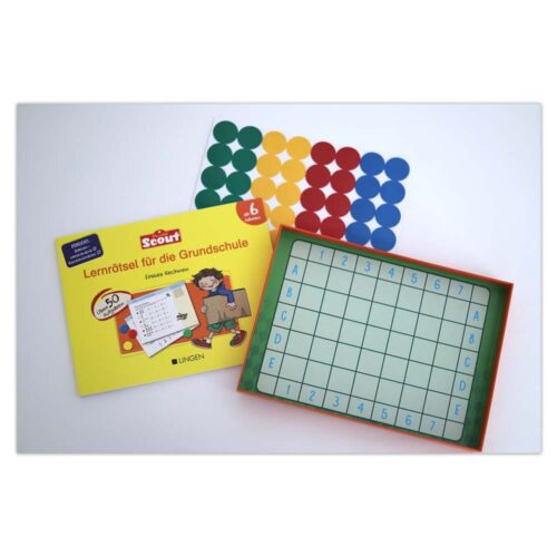 Pädagogisches Rätselbuch mit Zahlenraster und farbigen Kreisplättchen.