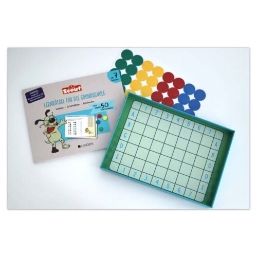 Pädagogisches Brettspiel mit bunten Spielsteinen und Raster für das Deutschlernen in der Grundschule.
