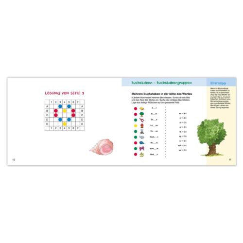 Puzzle-Lösungsgitter mit farbigen Punkten, deutscher Anleitung und Abbildungen einer Schnecke und eines Baumes.