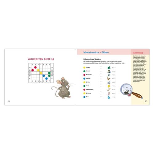Aufgeschlagenes Buch mit Maus-Illustration, farbigen Punkten und deutschem Text zu Silben und Wortaufbau.
