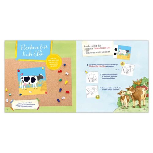 Kinderbuchseiten mit Kuhillustrationen, Anleitungen und bunten Pins auf einer Pinnwand.