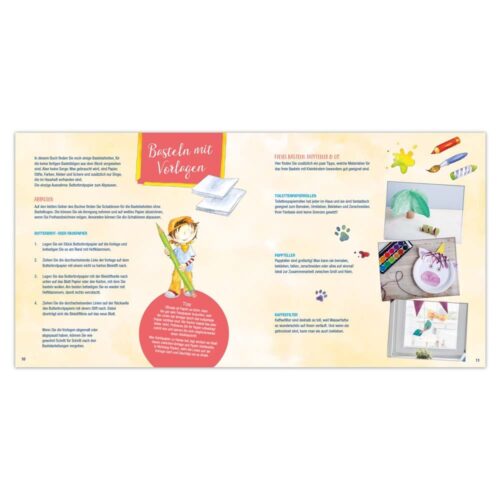 Offenes Bastelbuch mit Anleitungen, Illustrationen und Fotos fertiger Projekte auf hellem Hintergrund.