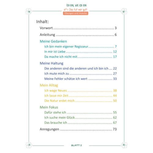 Eine bunte Inhaltsverzeichnisseite aus einem Arbeitsbuch in Deutsch mit verschiedenen Themen und Seitenzahlen.