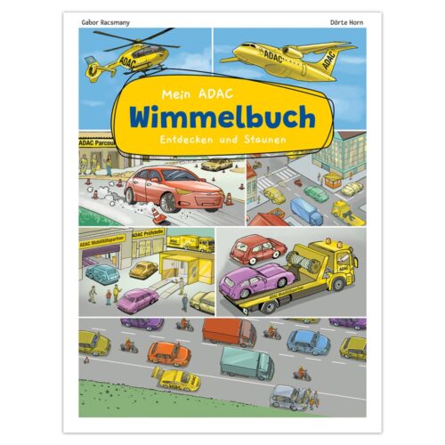 Buchcover im Comic-Stil mit Autos, Hubschraubern und Menschen in verschiedenen Szenen. Titel: „Mein ADAC Wimmelbuch“.