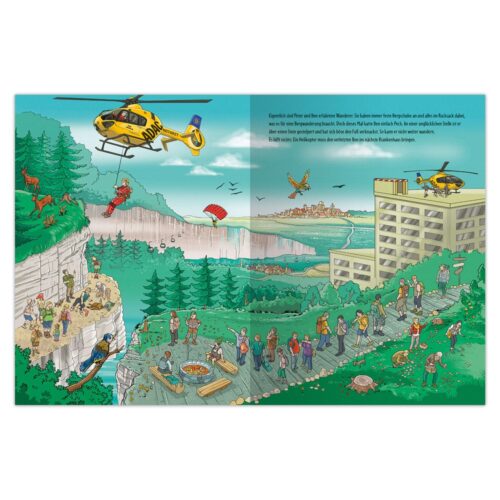 Illustration einer Rettungshubschrauberszene mit Menschen auf einem Bergpfad und einer Stadt im Hintergrund.