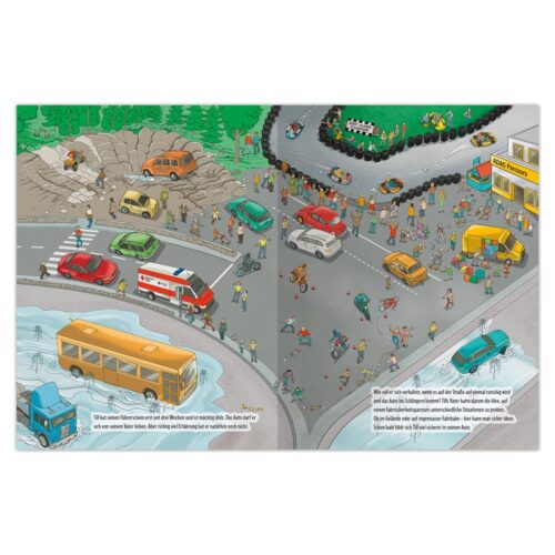 Illustrierte Verkehrsszene mit Einsatzfahrzeugen, Menschenmenge und einem Radiosendergebäude an einer belebten Kreuzung in der Stadt.