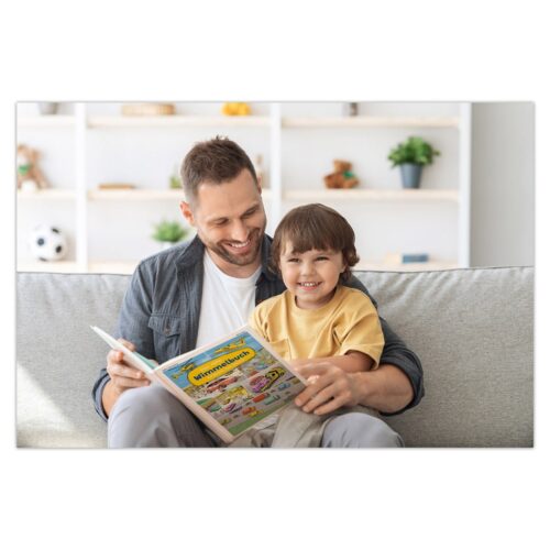 Vater und Sohn sitzen auf einer Couch und lesen gemeinsam ein buntes Kinderbuch, im Hintergrund ist ein Regal zu sehen.