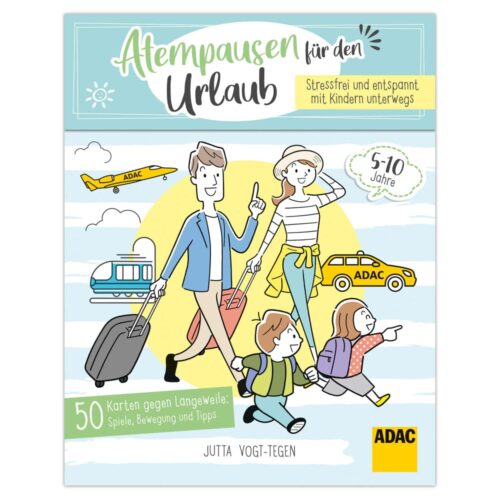 Illustrierte Familie auf Abenteuerreise mit Koffern und Transportmitteln, Altersempfehlung 5-10, deutscher Text.