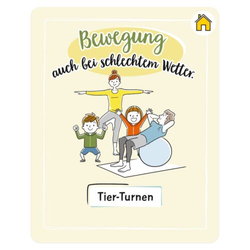 Illustration einer Familie bei Indoor-Übungen mit dem Text „Bewegung auch bei schlechtem Wetter: Tier-Turnen.