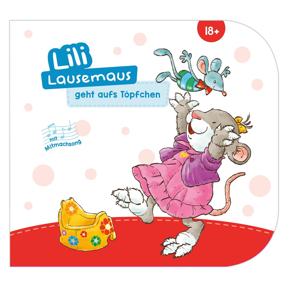 Cartoon-Maus in einem rosa Kleid, die mit einer Spielzeugmaus spielt. Text: „Lili Lausemaus geht aufs Töpfchen.