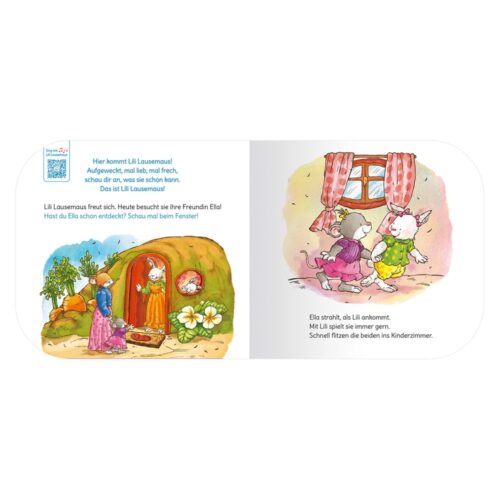Illustrierte Bilderbuchseite mit Tieren in Kleidern, die ein Haus besuchen und mit Spielzeug spielen. Deutscher Text enthalten.