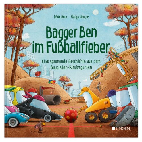 Farbenfrohes Kinderbuchcover mit Fahrzeugen und Bäumen rund um einen deutschen Titel in einer verspielten Szene.