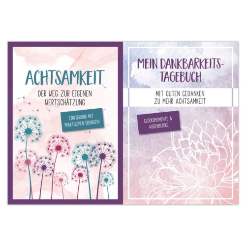 Zwei Buchcover zum Thema Achtsamkeit mit Löwenzahn- und Blumenmotiven in Pastellfarben.