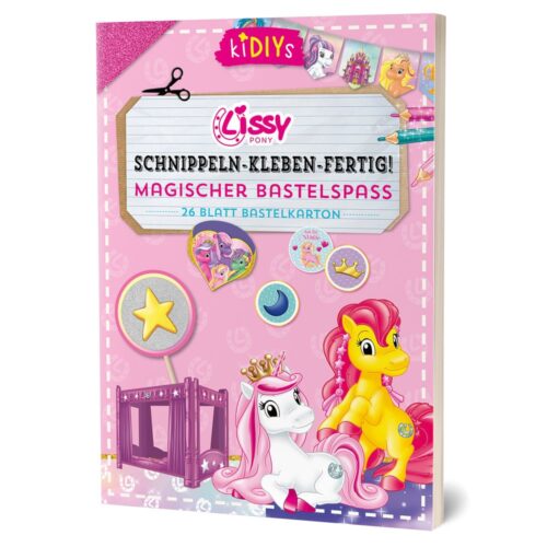 Farbenfrohes Bastelset mit Lissy-Pony-Motiv, mit rosa und gelben Ponys, Sternen und Bastelzubehör auf dem Cover.