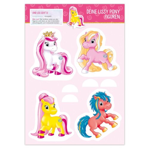 Bunte Cartoon-Ponys mit Zubehör auf einem Stickerbogen.