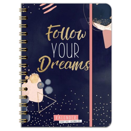 Planer 2023 mit „Follow Your Dreams“ in goldenem Text auf einem dunkelblauen Einband mit abstrakten Designs.