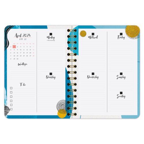 Offener Planer für April 2024, Wochenlayout mit Platz für Notizen und Aufgaben, umgeben von farbenfrohen abstrakten Designs.