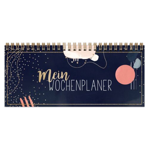 Spiralgebundener Wochenplaner mit dem Text „Mein Wochenplaner“ auf einem dunklen, abstrakt gestalteten Umschlag.