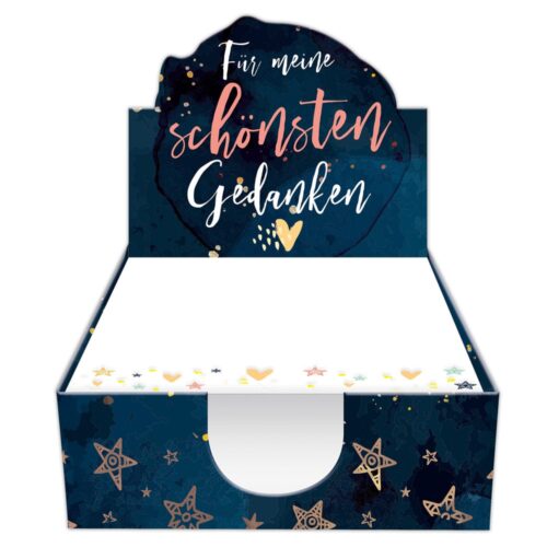 Eine dekorative Box mit himmlischen Motiven und dem Text „Für meine schönsten Gedanken“ auf dunklem Hintergrund.