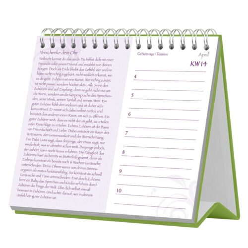 Ein bis April aufgeschlagener Tischkalender mit Notizen und Text in deutscher Sprache auf einer Spiralbindung.