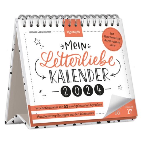 Ein Tischkalender für 2024 mit Handlettering-Designs und einem Farbschema aus Schwarz und Orange.