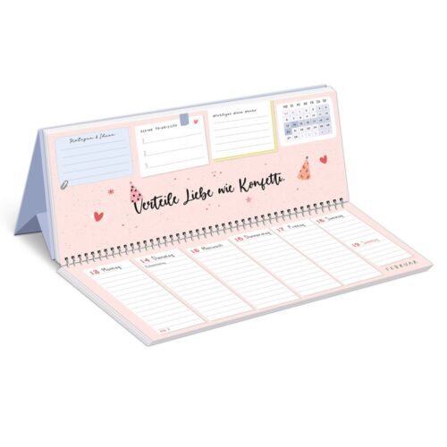 Tischkalender mit Wochenplanerseiten und pastellfarbenen Überschriften, mit deutschem Text und dekorativen Akzenten.