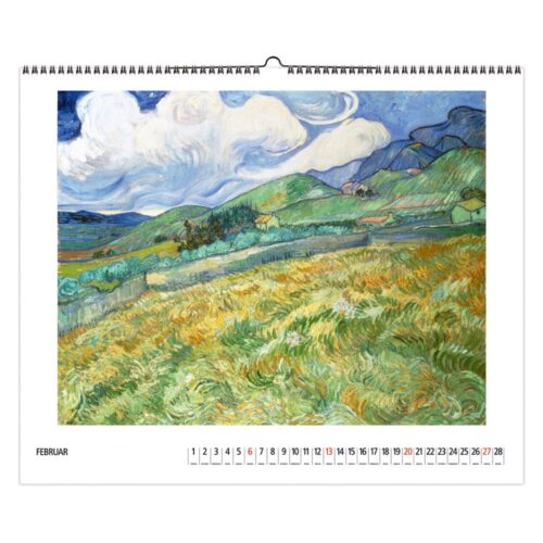 Kalenderseite für Februar mit einem Landschaftsgemälde von Van Gogh mit wirbelndem Himmel und grünen Feldern.