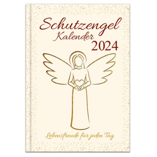 Cover des Schutzengel 2024 Kalenders mit einer Engelillustration, die ein Herz hält, und deutschem Text darunter.