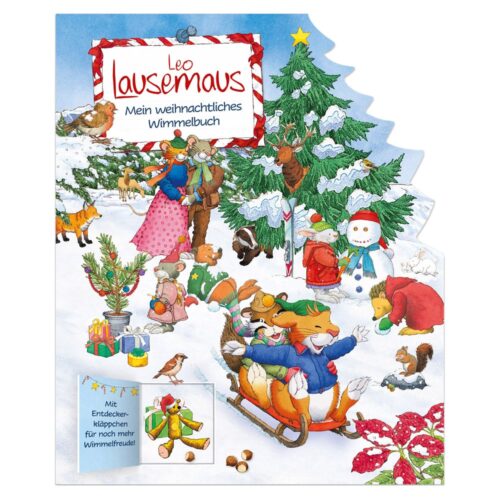Festliche Winterszene mit Schlitten fahrenden, einen Baum schmückenden und im Schnee spielenden Tieren. Buchcover-Design für die Feiertage.