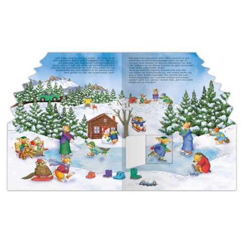 Illustration einer verschneiten Szene mit Tieren bei Winteraktivitäten in der Nähe einer Hütte, umgeben von Bäumen und Bergen.