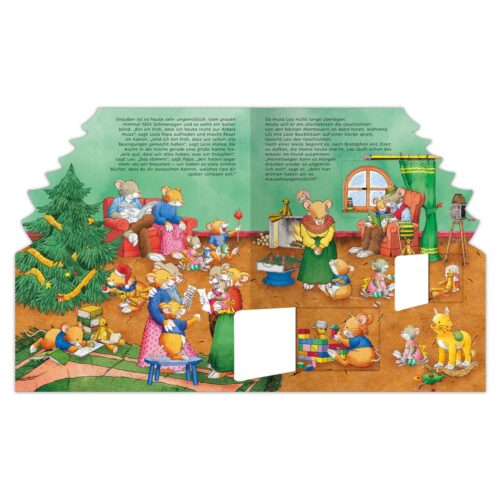 Illustration einer Mäusefamilie, die Weihnachten mit Geschenken, einem Weihnachtsbaum und festlicher Dekoration in einem gemütlichen Wohnzimmer feiert.