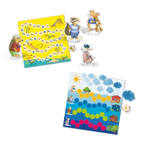 Kinderbrettspiel mit bunten Tierfiguren, zwei Spielbrettern, Würfeln und Grafiken zum Thema Wetter.